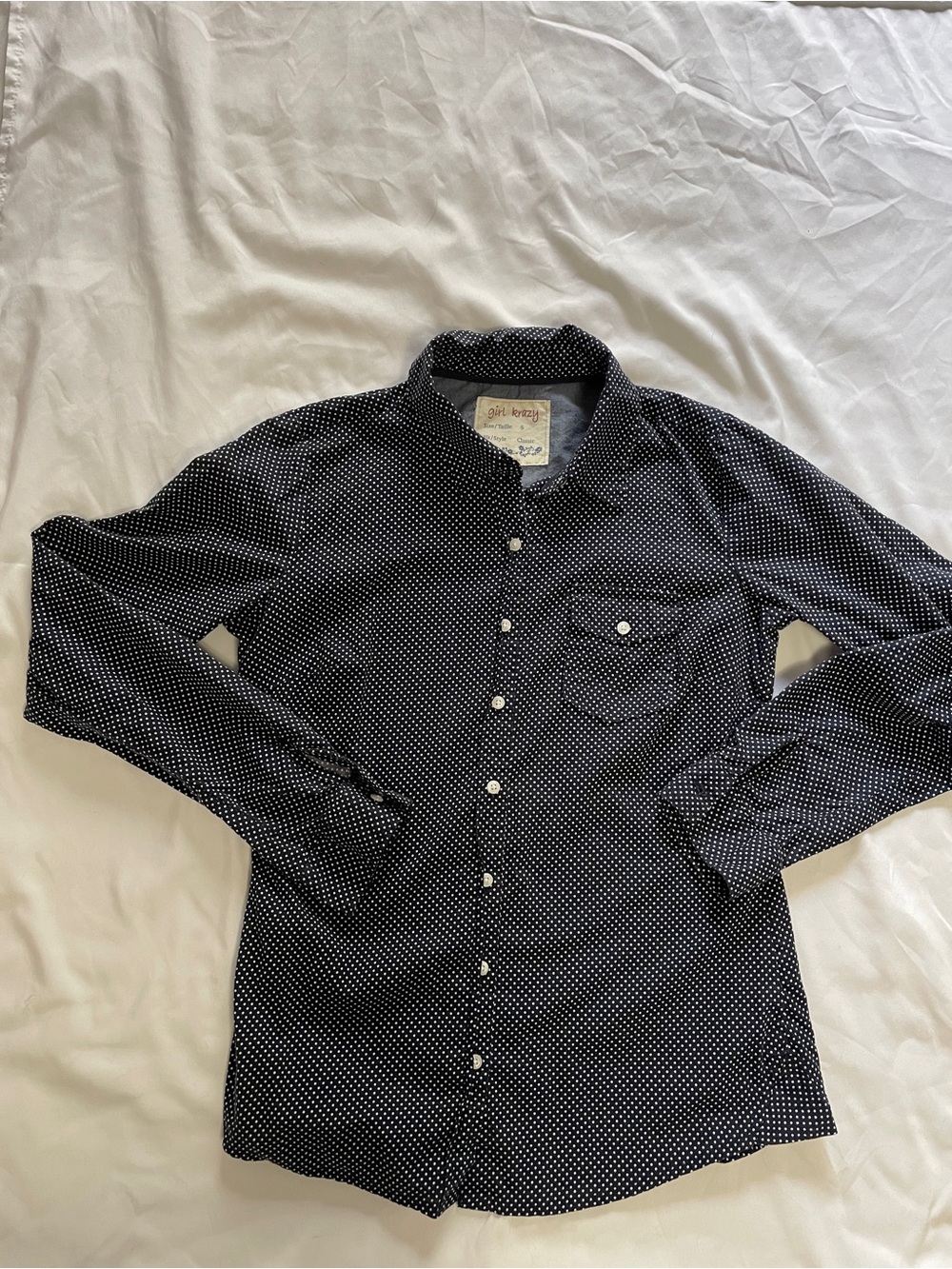 girl krazy Navy Button-Down Shirt with White Polka Dots Size Small